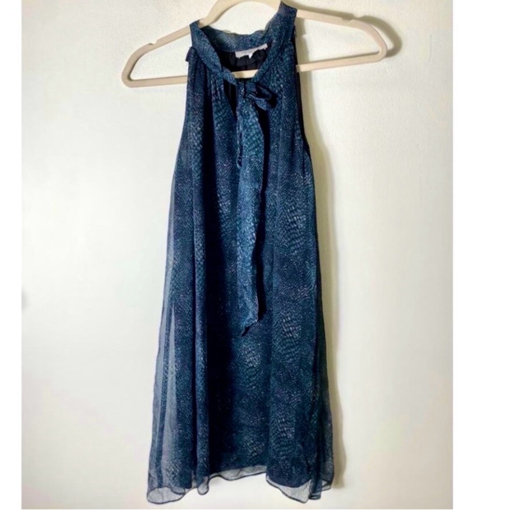 Snake Sheer Chiffon Pussybow Scarf Dress: Blue Flowy A-line Shift Waverly Grey